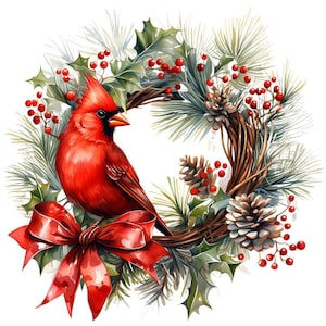 May include: A watercolor illustration of a Christmas wreath featuring a vibrant red cardinal bird perched on a woven branch base. The wreath is adorned with holly leaves, red berries, pinecones, and a large red bow, creating a festive holiday design.