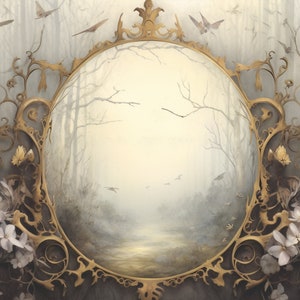 May include: A circular, ornate gold frame with a foggy forest scene inside. The frame is decorated with intricate floral designs and small birds. The forest scene is painted in shades of gray and white, with a path leading into the distance.
