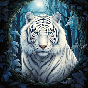 Peut inclure: Un tigre blanc aux rayures noires se tient dans une forêt sombre. Les yeux du tigre sont bleus et il regarde directement le spectateur. La forêt est sombre et mystérieuse, avec de grands arbres et une végétation épaisse.