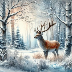 Könnte beinhalten: Aquarellmalerei eines Hirsches in einem verschneiten Wald. Der Hirsch mit großem Geweih steht in einer Lichtung, umgeben von schneebedeckten Bäumen und Büschen. Das Kunstwerk hat eine weiche, verträumte Qualität mit einer gedämpften Farbpalette aus Blau-, Weiß- und Brauntönen.