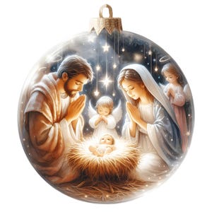 Può includere: Un ornamento natalizio in vetro che rappresenta la scena della Natività. Giuseppe, Maria e un bambino Gesù sono circondati da angeli e stelle. L'ornamento è trasparente e ha una parte superiore dorata.