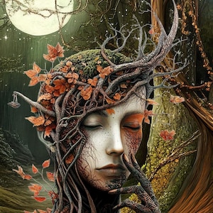May include: A woman's face is covered in vines and leaves, with a full moon in the background. The image is a surreal depiction of nature and the human form.