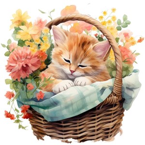 Könnte beinhalten: Ein schlafendes orangefarbenes Tabby-Kätzchen, das in einem Weidenkorb voller bunter Blumen liegt. Der Korb ist mit einem blau-weiß karierten Stoff ausgekleidet.