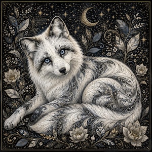 Puede incluir: Un zorro blanco con ojos azules aparece en una ilustración detallada sobre un fondo oscuro. El zorro está rodeado de intrincados patrones florales, hojas y una luna creciente. La obra presenta una paleta de colores en negro, blanco y dorado.