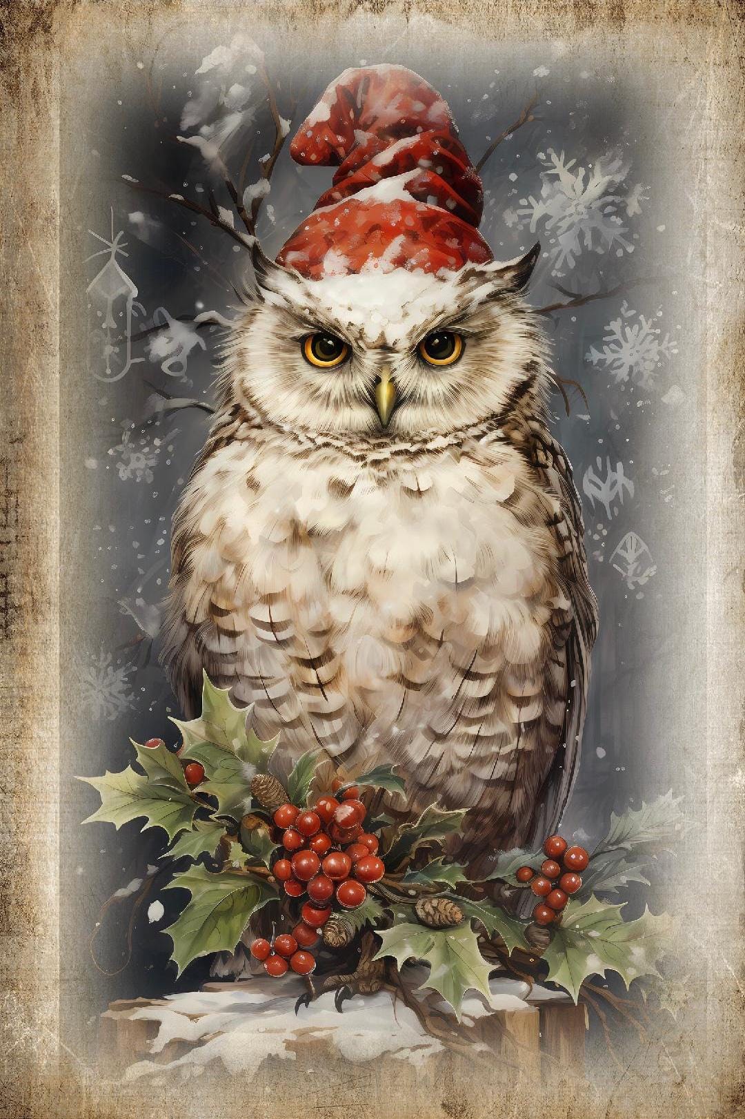 Watercolor nostalgic Christmas owl 2, pattern keeper compatible, PDF instant digital download, count