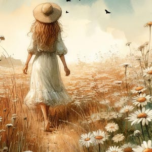 May include: A woman in a white dress and a straw hat walks through a field of white daisies. The sky is a soft blue with a few white clouds. The woman is walking away from the viewer, and the field is in the foreground.