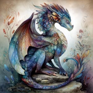Pode incluir: Pintura em aquarela de um dragão em tons de azul, roxo e verde. O dragão está empoleirado em uma rocha, rodeado por delicados elementos florais. Suas asas estão abertas, mostrando padrões e cores intrincados.