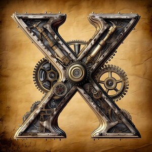 May include: A stylised letter X made of metal gears and cogs. The letter is in a steampunk style and has a gold and silver finish.