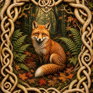 Op de afbeelding: Een gedetailleerde illustratie van een rode vos te midden van herfstbladeren en varens. De vos wordt omlijst door een Keltisch knoopontwerp gemaakt van verweven takken. De achtergrond toont een vage bos, wat een natuurlijke en mystieke esthetiek creëert.