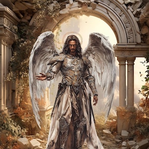 Puede incluir: Una figura de ángel alado con cabello largo y barba, vistiendo armadura y una túnica blanca fluida, se encuentra de pie en un arco en ruinas. El ángel tiene un halo sobre su cabeza y está extendiendo la mano.