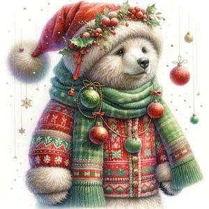 Oso navideño en acuarela 1, compatible con Pattern Keeper, descarga digital instantánea en PDF, impresiones de gráficos de punto de cruz contado BW CO