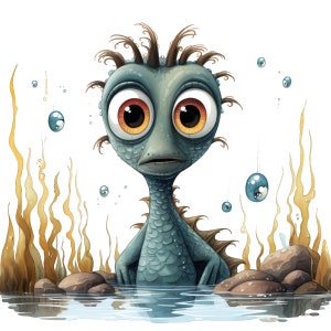 Può includere: Un'illustrazione di un cartone animato di una creatura marina blu e verde con occhi grandi e un'espressione sorpresa. La creatura è in piedi in una pozza d'acqua con rocce e alghe intorno.
