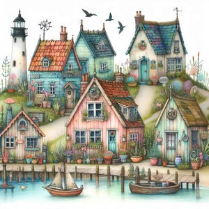 Cabañas junto al mar caprichosas, 3 patrones compatibles con el guardián PDF, descarga digital instantánea, punto de cruz contado, 18 ct, blanco y negro, impresión de carta de colores