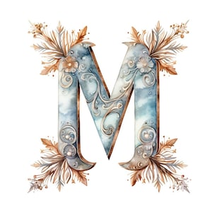 May include: A watercolour illustration of the letter "M", featuring a blue and bronze colour palette. The letter is adorned with floral and scrollwork patterns, complemented by bronze-toned leaves and flowers. The background is white.