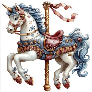 May include: A white carousel horse with a blue and red saddle, gold trim, and a blue and white mane and tail. The horse has a gold horn and is attached to a gold pole.