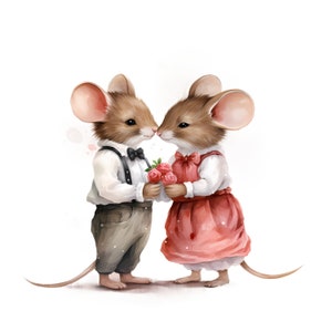 Pode incluir: Um par de ratos marrons com narizes cor-de-rosa estão segurando um buquê de rosas vermelhas. O rato macho está vestindo uma camisa branca com uma gravata borboleta preta e calças marrons. A rata fêmea está vestindo um vestido vermelho com uma gola branca e um laço rosa.