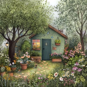 Whimsical Garden Shed 3, kompatibel med mönsterhållare, PDF direkt digital nedladdning, utskrifter av räknade korsstygnsmönster i svartvitt och vitt