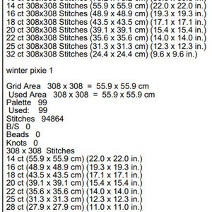 Op de afbeelding: Een tabel die het aantal steken en de grootte van een kruissteekpatroon genaamd "winter pixie 1" laat zien. De tabel toont de grootte van het patroon in steken, centimeters en inches voor verschillende tellingen van Aida-doek. Het patroon gebruikt 99 kleuren en heeft 94.864 steken.