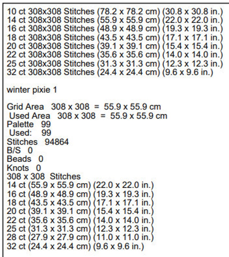Op de afbeelding: Een tabel die het aantal steken en de grootte van een kruissteekpatroon genaamd "winter pixie 1" laat zien. De tabel toont de grootte van het patroon in steken, centimeters en inches voor verschillende tellingen van Aida-doek. Het patroon gebruikt 99 kleuren en heeft 94.864 steken.