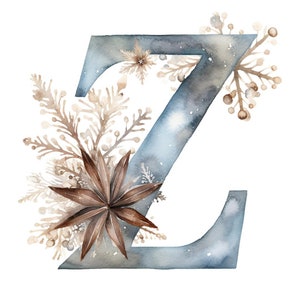 Op de afbeelding: Waterverfillustratie van de letter "Z" in een gedempte blauwe tint, versierd met winterse botanische elementen. Een grote bruine steranijs en delicate beige takken met kleine witte sneeuwvlokken en bessen maken het ontwerp compleet. De achtergrond is wit.