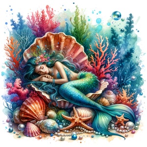 Puede incluir: Una pintura de acuarela de una sirena durmiendo en una concha. La sirena tiene el pelo largo azul y una cola verde. La concha está rodeada de coral, algas y otras formas de vida marina.
