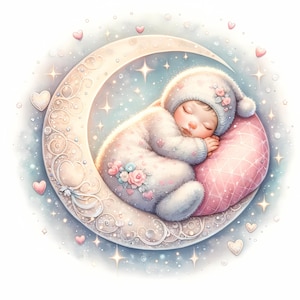 May include: A baby sleeping on a crescent moon with a pink pillow. The moon is decorated with swirls and hearts. The baby is wearing a white onesie with pink flowers and hearts.