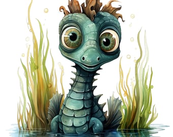 May include: A cartoon illustration of a green, blue, and brown sea serpent with large eyes and a friendly expression. The serpent is partially submerged in water with green and yellow reeds growing around it.