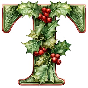 May include: A green and red letter T decorated with holly leaves and red berries. The letter is outlined in red and has a green background.