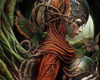 May include: An artistic digital illustration of a woman with a nature-inspired design. She wears an orange robe and a headpiece with intricate details. A green bird and a butterfly are nearby. The woman holds a globe, with a forest background.