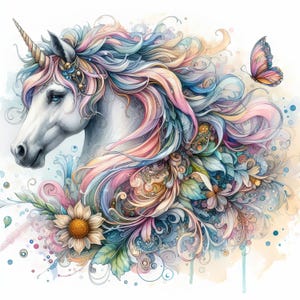 Puede incluir: Una pintura de acuarela de un unicornio con una melena y cola arcoíris. El unicornio está rodeado de flores coloridas y remolinos. El fondo es una suave acuarela.
