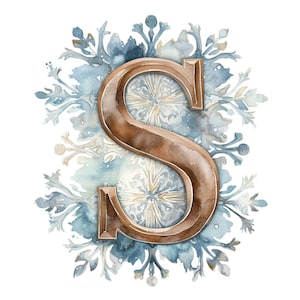 Peut inclure: Une illustration aquarelle de la lettre "S" en finition métallique brune, entourée de motifs de flocons de neige bleus et blancs.
