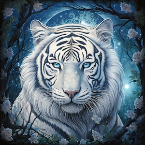 Pode incluir: Um tigre branco com olhos azuis olha intensamente para o espectador. O tigre está rodeado por um fundo azul escuro com flores brancas e uma lua no fundo.