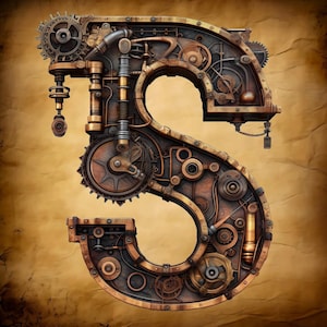 Letra S do alfabeto steampunk, tamanho grande, compatível com PDF, download digital instantâneo, impressão colorida em preto e branco de 18 quilates