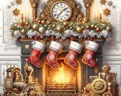 Steampunk Christmas fireplace 4 pattern keeper compatible PDF instant digital download counted cross stitch, color chart printout