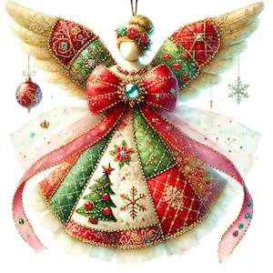 Peut inclure: Une décoration d'ange de Noël en tissu patchwork rouge, vert et or, avec un grand nœud rouge et un bijou en accent, et des ailes dorées.