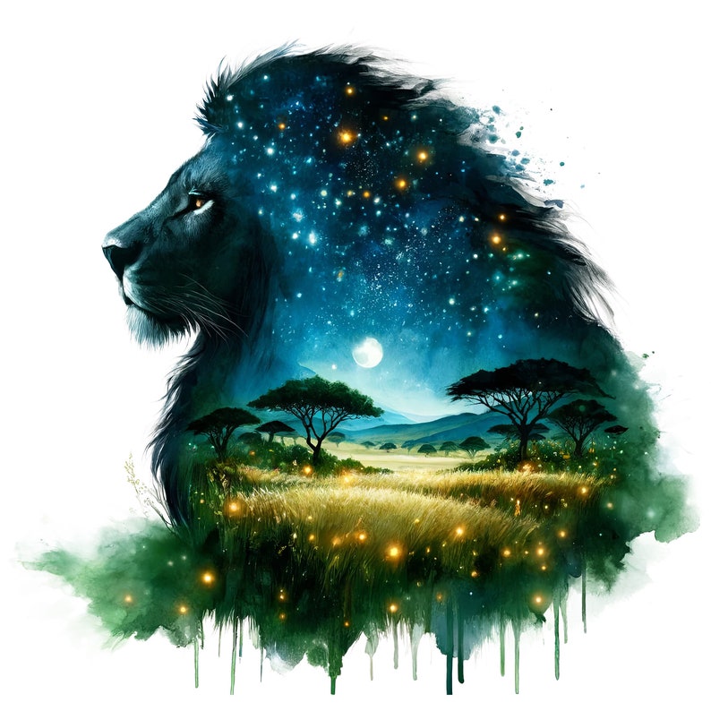 May include: A black lion's head with a starry night sky and a moon inside. The lion's mane is made of watercolour and the sky is filled with stars and a moon. The background is a green field with trees and fireflies.