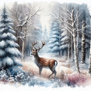 Könnte beinhalten: Aquarellmalerei eines Hirsches in einem verschneiten Wald. Der Hirsch hat ein großes Geweih und braunes Fell mit weißen Flecken. Schneebedeckte Nadelbäume und Birken säumen die Szene, mit sanftem Winterlicht.
