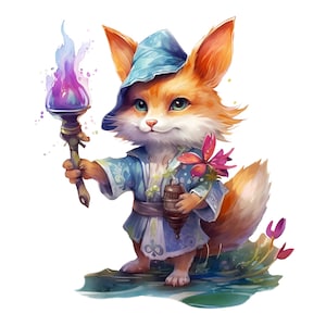 May include: A cartoon fox wearing a blue hat and a blue and white robe holds a purple and blue torch in one hand and a small brown bottle in the other. The fox is standing on a green and blue surface with a pink flower and a pink bud.