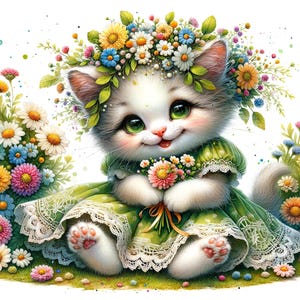 Puede incluir: Una ilustración caprichosa de un gatito adornado con una corona y un vestido floral, sosteniendo un ramo. El gatito tiene ojos verdes y patas rosas. Flores coloridas rodean al gatito, creando una escena alegre y primaveral.