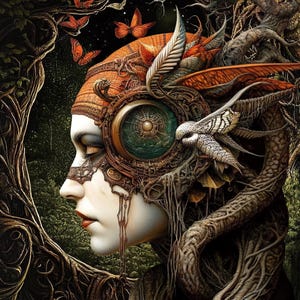 May include: A digital artwork depicting a woman's profile with elaborate steampunk-style headwear. The design includes gears, feathers, and a circular element. The colour scheme uses earthy tones, with butterflies and a forest backdrop.