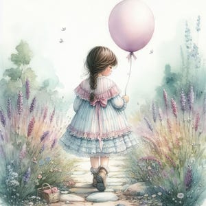 Puede incluir: Una niña con un vestido azul y rosa camina por un campo de lavanda, sosteniendo un globo rosa. La niña tiene el pelo largo y castaño y lleva zapatos marrones.