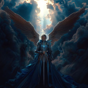 May include: A figure with large, dark wings stands against a stormy sky. The figure is wearing armor and a long blue robe, and is holding a sword. The figure is illuminated by a bright light shining through the clouds.