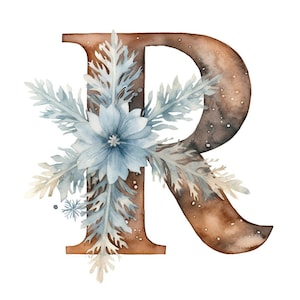 Peut inclure: Illustration à l'aquarelle de la lettre « R » marron, ornée d'une fleur bleu clair et d'un feuillage bleu argenté. Le design a un thème hivernal, avec un style artistique délicat, parfait pour la décoration saisonnière.