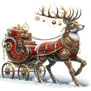 Puede incluir: Un reno de estilo steampunk tirando de un trineo rojo y dorado lleno de regalos. El reno está hecho de metal y tiene engranajes y ruedas dentadas. El trineo tiene un reloj en el lateral y está decorado con ribetes dorados.