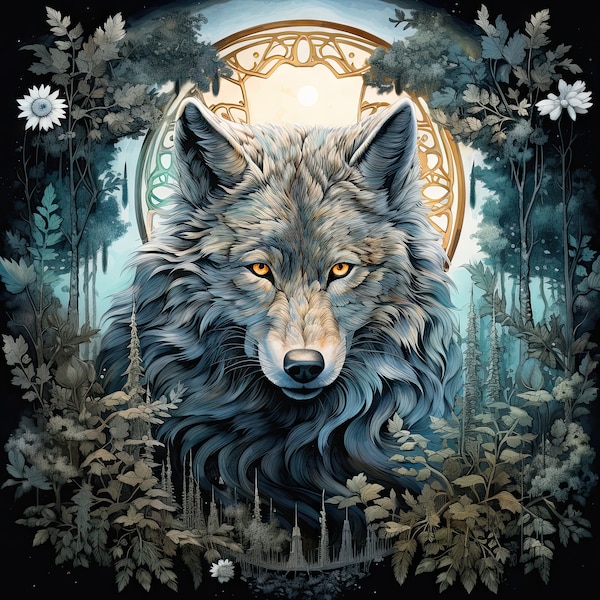 Watercolor animal spirit wolf totem PDF instant digital download counted cross stitch pattern keeper compatible color chart printout