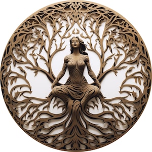 May include: A circular paper artwork depicting a woman meditating within a tree. The design features layered paper in shades of brown, with the woman at the centre, surrounded by intricate branches and roots against a white backdrop.