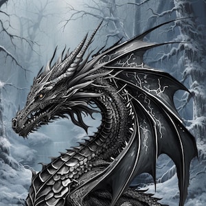 May include: A black dragon with silver scales and large wings stands in a snowy forest. The dragon's head is turned to the side, and its eyes are open. The dragon's wings are spread out, and its tail is curled around its body.