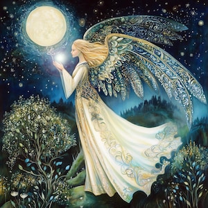May include: A painting of a figure with blonde hair and large, patterned wings, wearing a white gown, set against a night sky with a full moon. The figure holds a glowing object, creating a mystical and ethereal atmosphere.