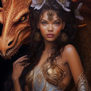 Pode incluir: Uma mulher com cabelo comprido e escuro e uma coroa de flores está vestindo um corpete dourado e azul. Ela está de pé ao lado de um grande dragão laranja.