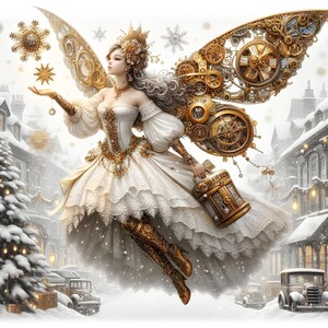 Hada navideña Steampunk dorada 3, compatible con el administrador de patrones, descarga digital instantánea en PDF, impresiones de gráficos de punto de cruz contado BW CO